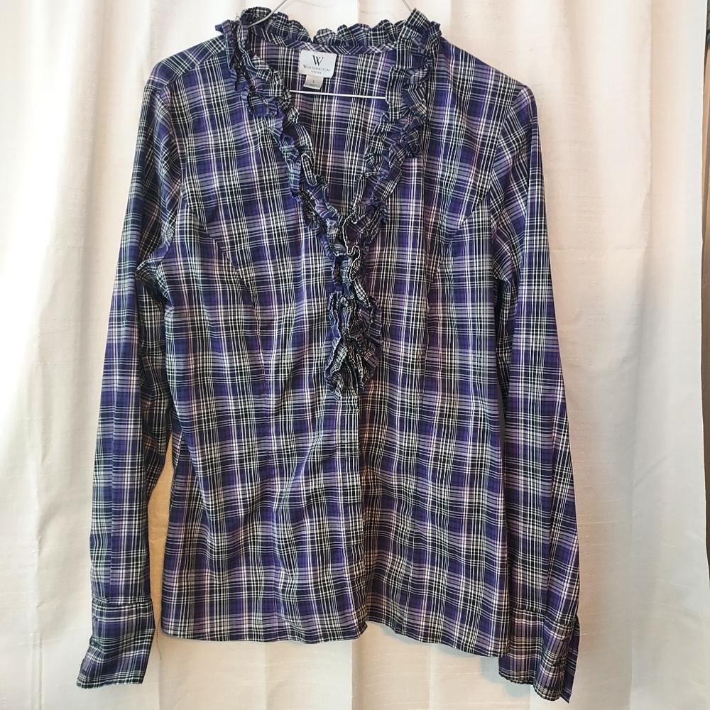 Worthington long sleeve womens purple plaid ruffle front shirt size L